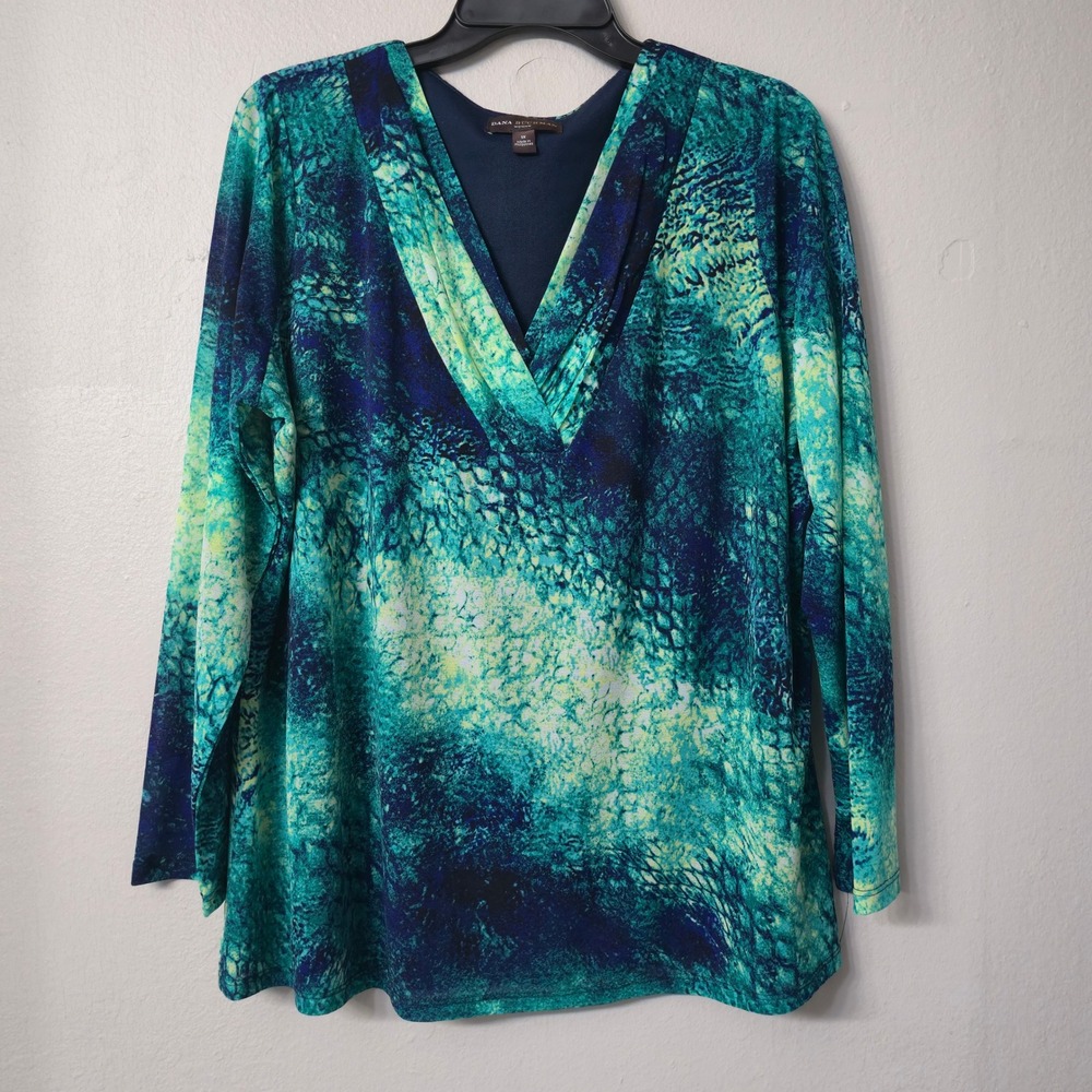 Dana Buchman Woman Teal Green Snakeskin Print Surplice V-Neck Top 1X